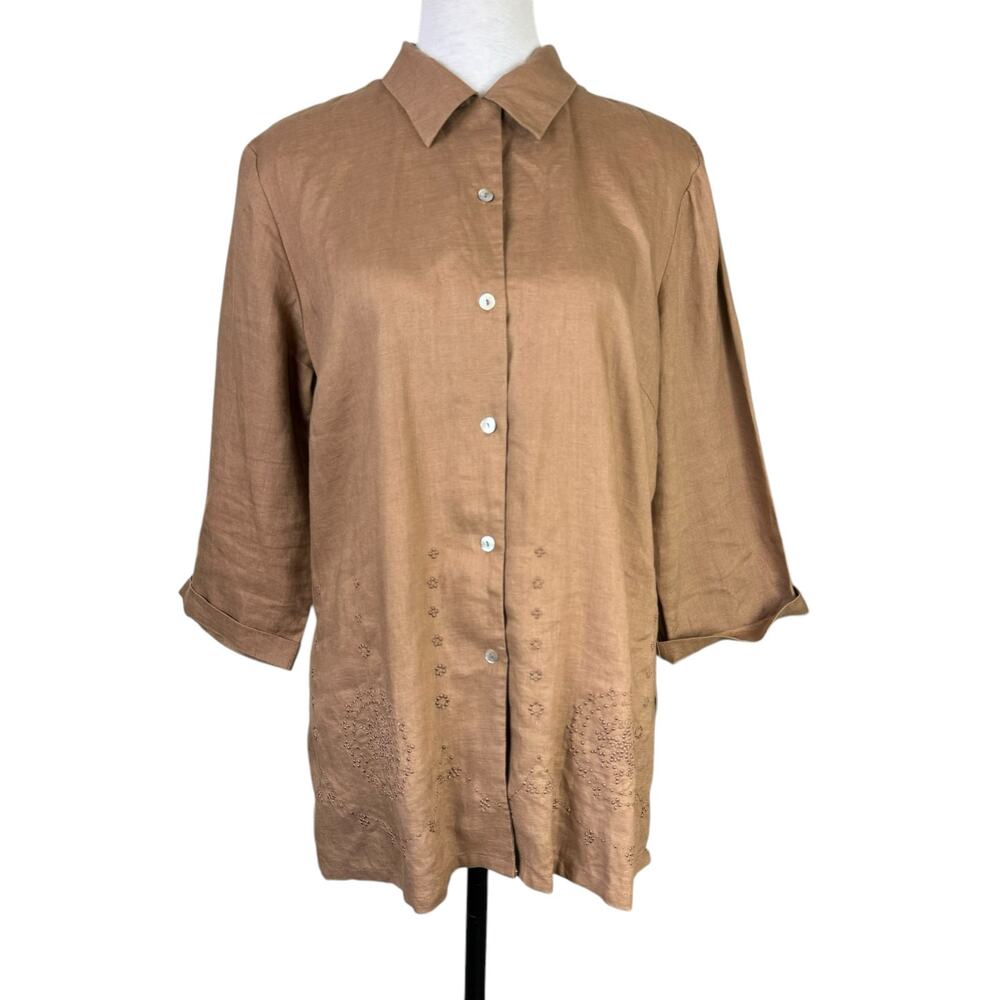 EColOGie Brown 100% Linen Embroidered Medallion Pattern Button Up 3/4 Sleeve Top